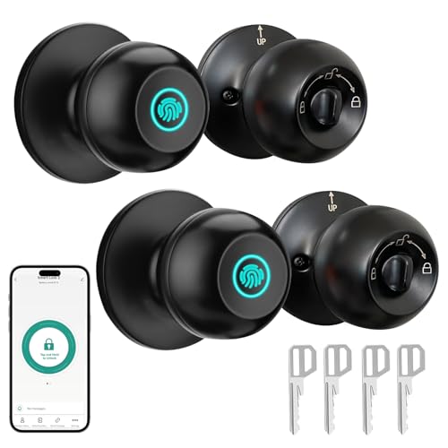 JOKO JO.KO 2 Pack Fingerprint Door Lock, Biometric with App Control & Key, Smart Door Knob for Bedroom, Entry Door, Keyless Finger Print Door Knob with Thumb Print Black, Different Keys - Image 1