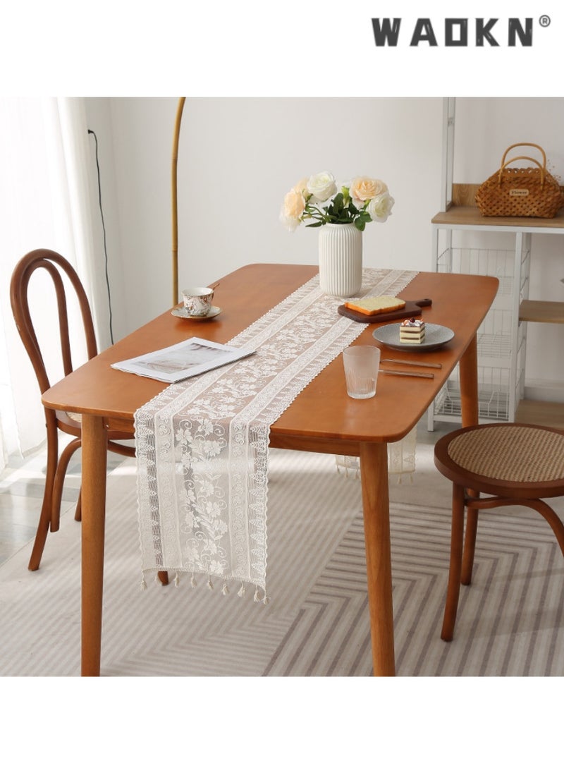 WAOKN Elegant White Lace Table Runner with Tassels, Premium Nordic Style for Dining Tables, New American Hooked Edge Decor, Perfect for Tea Tables and Home Decoration, Exquisite Embroidery  - Image 1