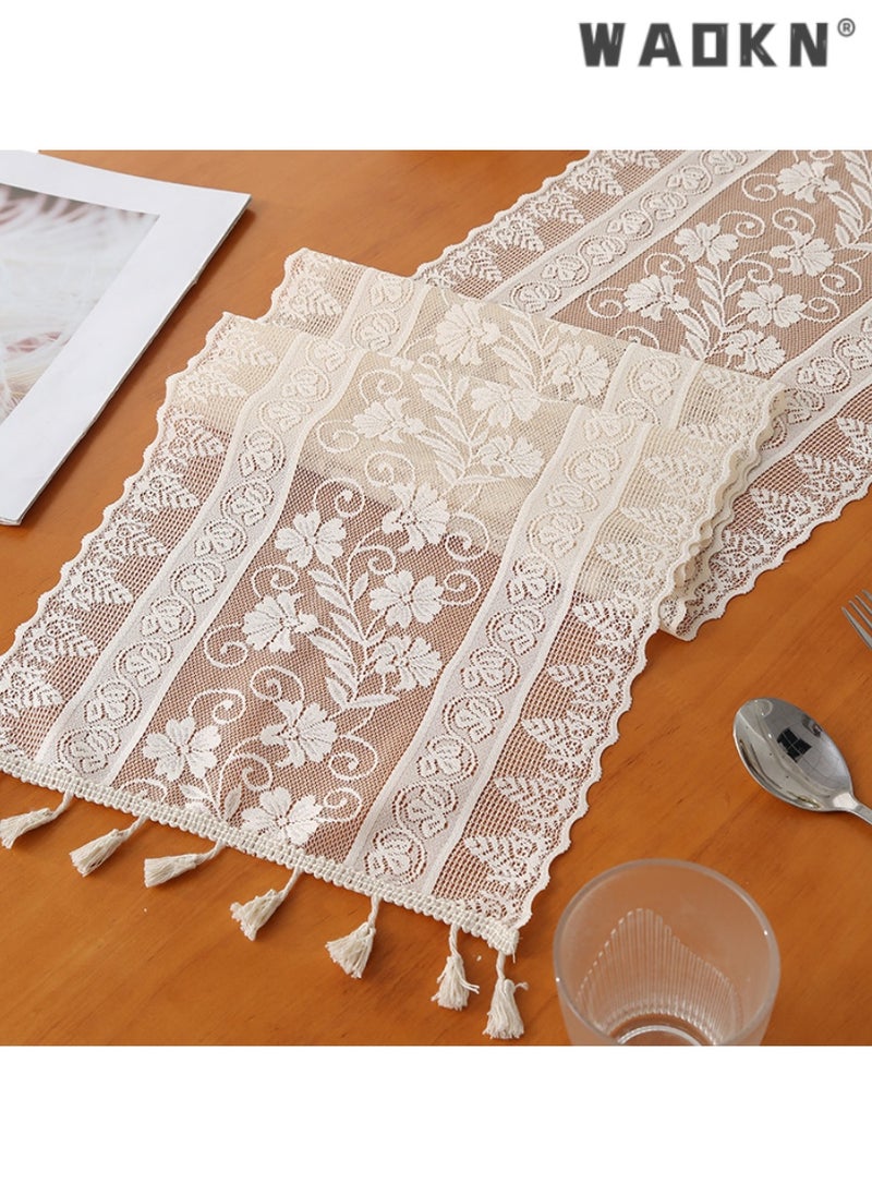 WAOKN Elegant White Lace Table Runner with Tassels, Premium Nordic Style for Dining Tables, New American Hooked Edge Decor, Perfect for Tea Tables and Home Decoration, Exquisite Embroidery  - Image 3