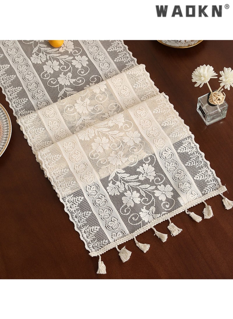WAOKN Elegant White Lace Table Runner with Tassels, Premium Nordic Style for Dining Tables, New American Hooked Edge Decor, Perfect for Tea Tables and Home Decoration, Exquisite Embroidery  - Image 2