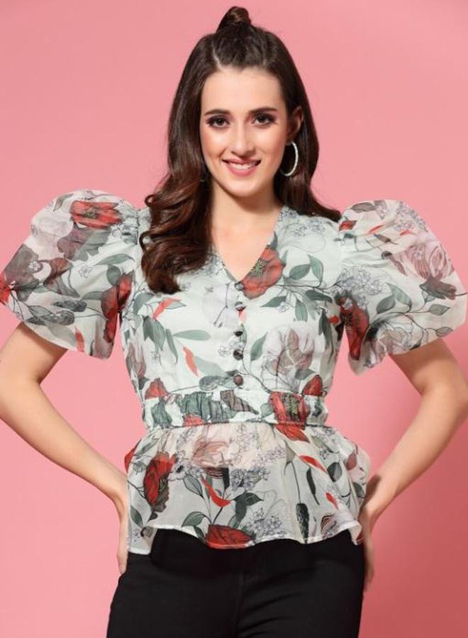 كاجوالي بلوزة كاسوال بطبعات زهور وأكمام منفوشة بياقة بيبلوم - Image 1