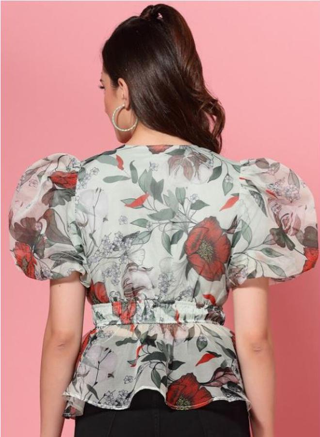 كاجوالي بلوزة كاسوال بطبعات زهور وأكمام منفوشة بياقة بيبلوم - Image 3