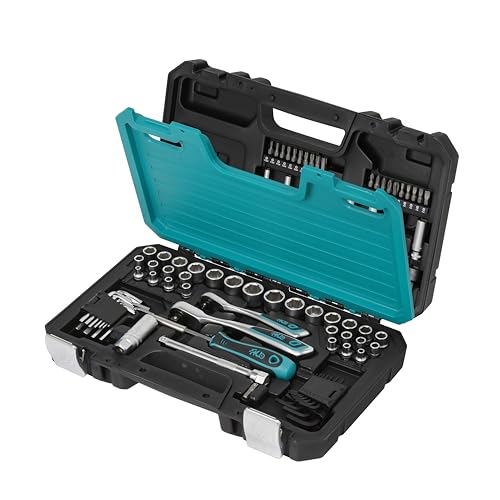 HB 96-Piece 1/4" & 3/8" Drive Socket Set AKX003-U | 120-Tooth Offset Reversible Ratchet Handles | Patented Non-Slip Grip Plus Sockets Remove 85% Rounded Bolts | Chrome Vanadium Steel | Made in Taiwan - Image 1