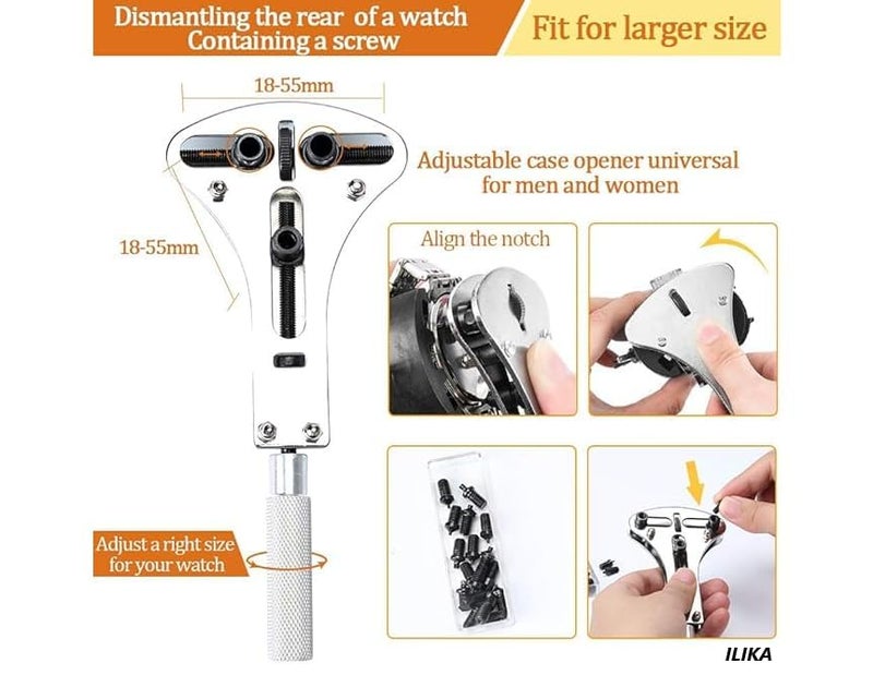 ILIKA طقم إصلاح الساعات - 187 قطعة مع أداة إزالة دبابيس الساعات، أدوات إزالة الغطاء الخلفي، أداة إزالة الحزام، استبدال البطارية، أدوات قياس الحزام - Image 2