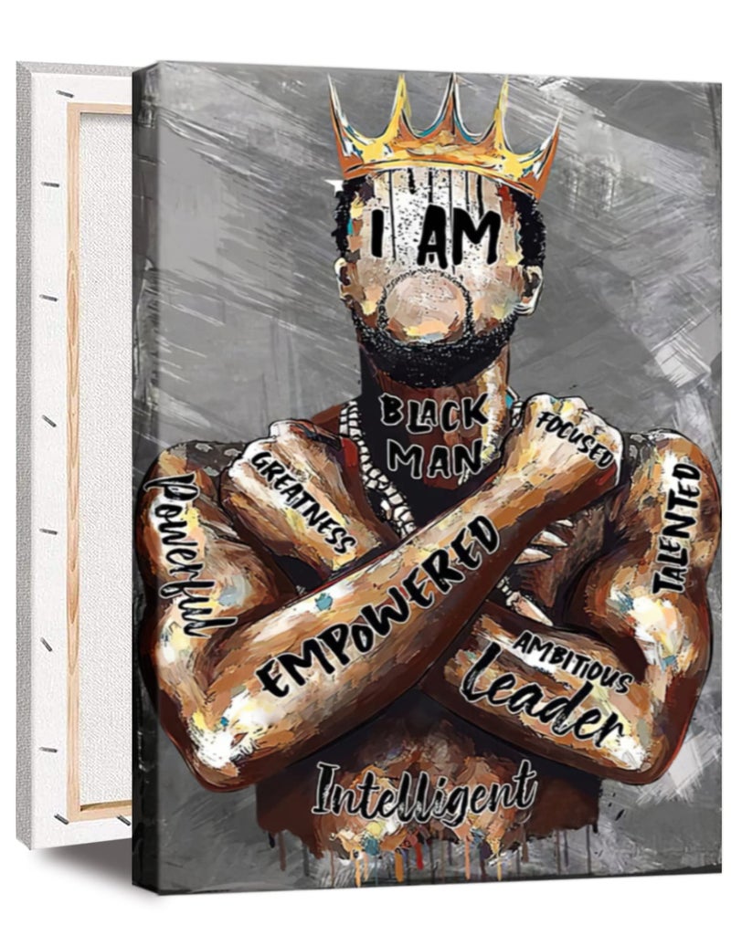 Framed African American Wall Art Inspirational Black Man Men Portrait Wall Art Afro King Poster Abstract Motivational Quotes Canvas Prints Painting Home Decor for Bedroom Living Room Gift for Black