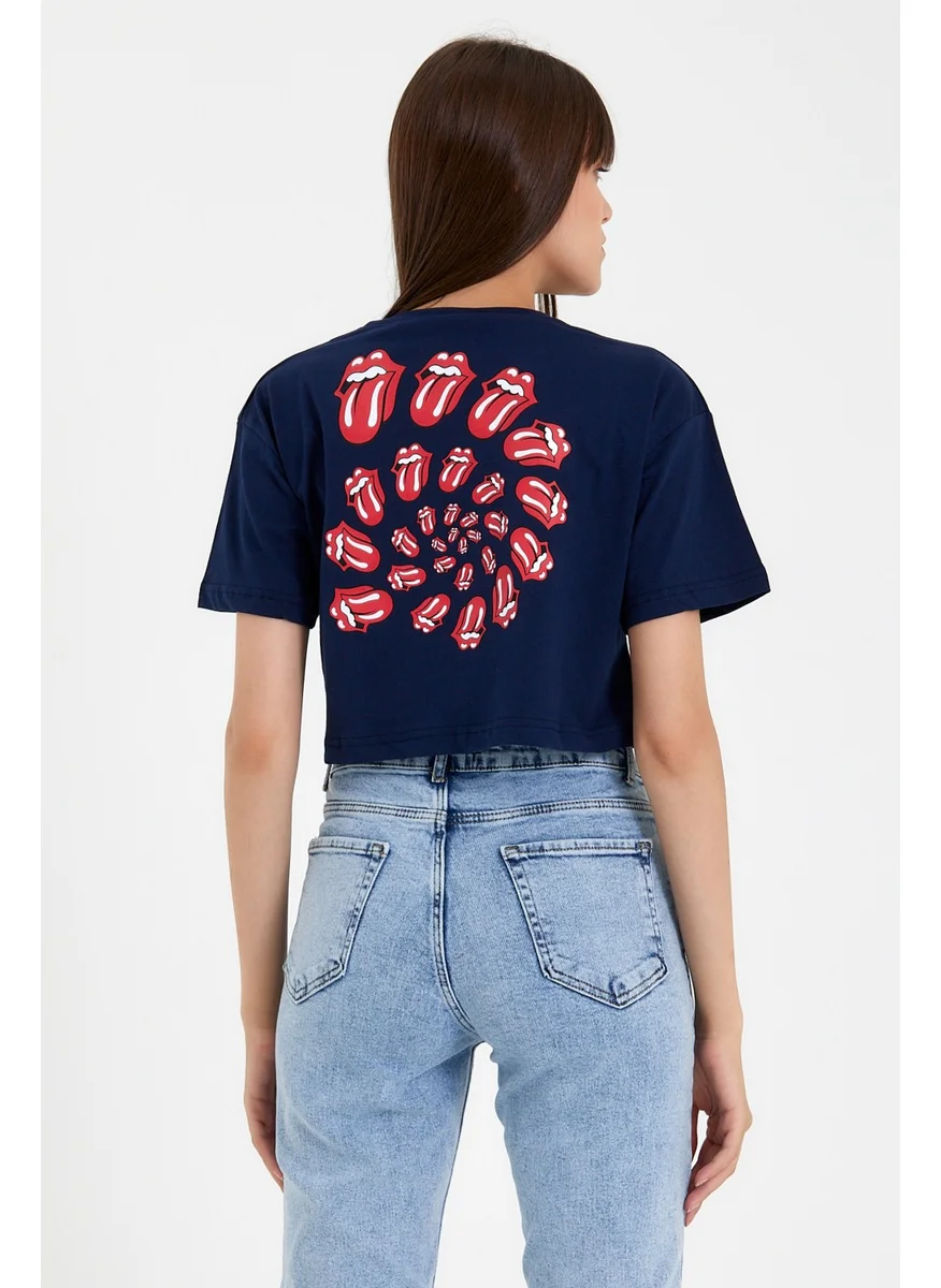 Cool Tarz Cool Style Navy Blue Women's Tongue Front Back Printed Crop TSHIRT-XDLBYNTSTR04S