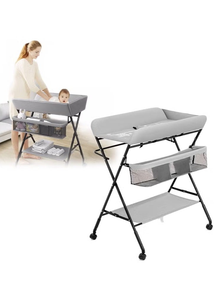 XiuWoo Foldable Baby Changing Table Dresser with Wheels, Folding Diaper Changing Station Adjustable Portable Changing Care Unit for Baby Infant, with Bottom Rack, Side Basket and Clothes Rail  - Image 1