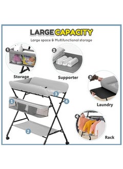 XiuWoo Foldable Baby Changing Table Dresser with Wheels, Folding Diaper Changing Station Adjustable Portable Changing Care Unit for Baby Infant, with Bottom Rack, Side Basket and Clothes Rail  - Image 2