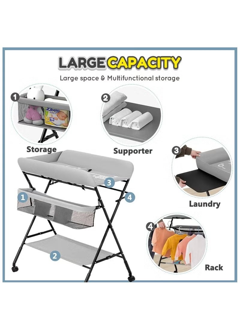 XiuWoo Foldable Baby Changing Table Dresser with Wheels, Folding Diaper Changing Station Adjustable Portable Changing Care Unit for Baby Infant, with Bottom Rack, Side Basket and Clothes Rail  - Image 2