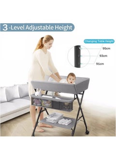 XiuWoo Foldable Baby Changing Table Dresser with Wheels, Folding Diaper Changing Station Adjustable Portable Changing Care Unit for Baby Infant, with Bottom Rack, Side Basket and Clothes Rail  - Image 4