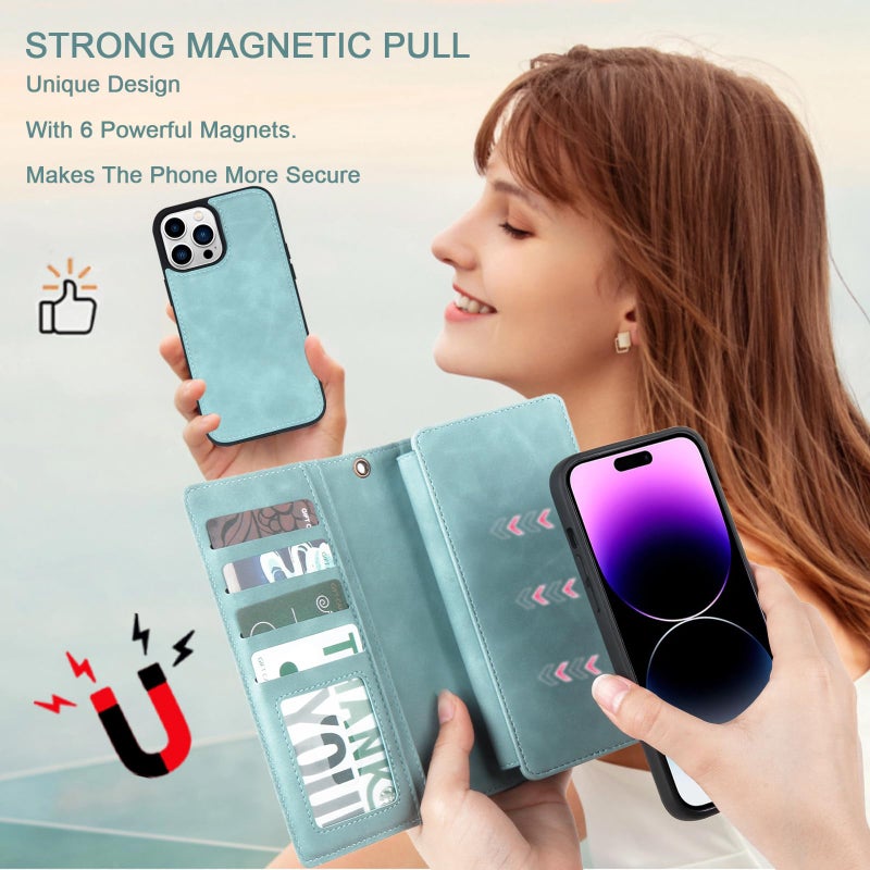 TwoHead Wallet Case Compatible with iPhone 15 Pro Max,Detachable Magnetic Phone Case,All-Round Shockproof Protective Leather Phone Case with Card Holder,6.7 in,Blue - Image 2