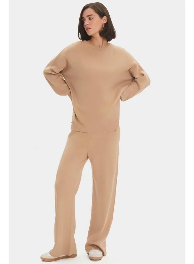 جون June Women Wide Fit Balloon Sleeve Knitwear Bottom-Top Set Tan