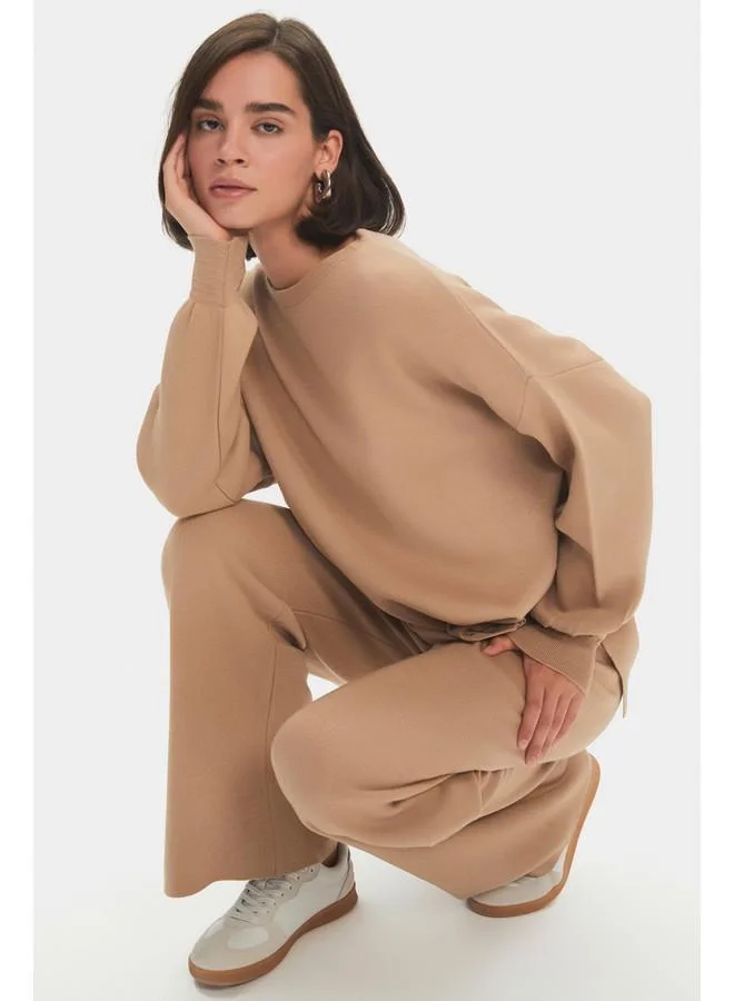 جون June Women Wide Fit Balloon Sleeve Knitwear Bottom-Top Set Tan