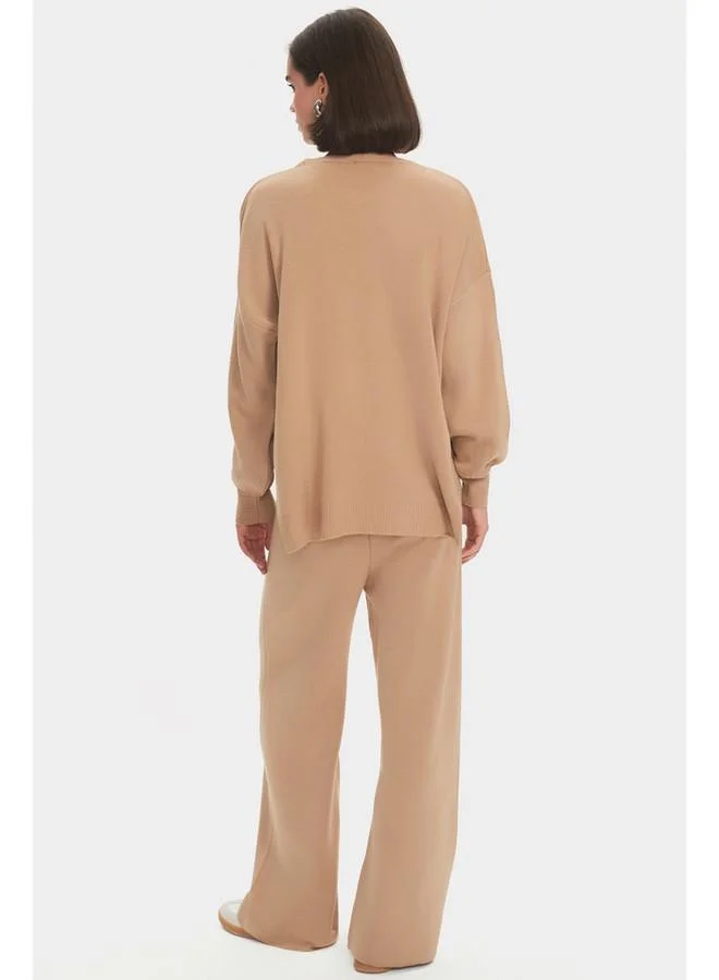 جون June Women Wide Fit Balloon Sleeve Knitwear Bottom-Top Set Tan