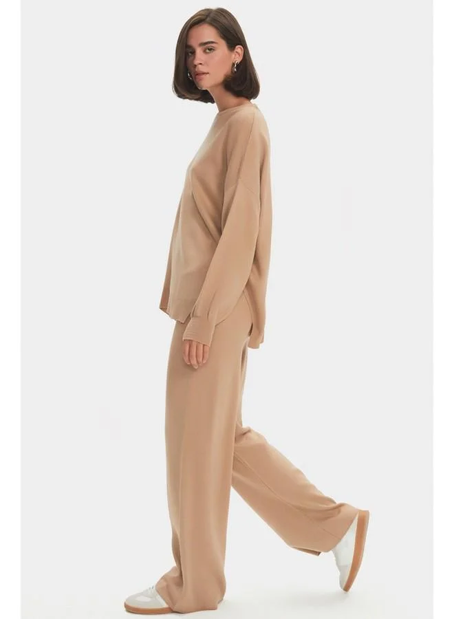 جون June Women Wide Fit Balloon Sleeve Knitwear Bottom-Top Set Tan