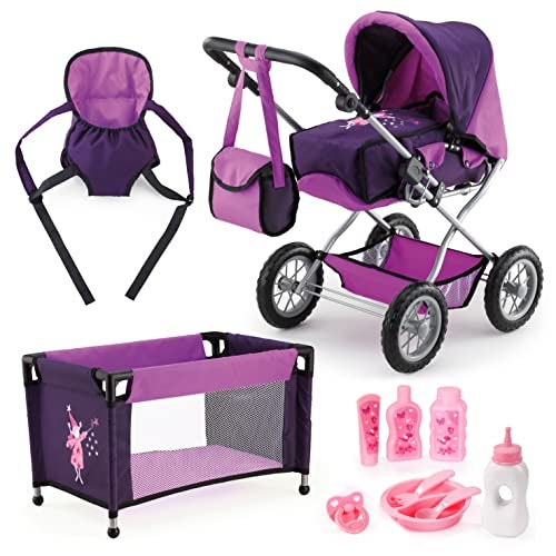 Bayer Design Baby Doll Pram Combi Grande Set Purple Modern Convertible Doll Stroller with Removable Carrycot