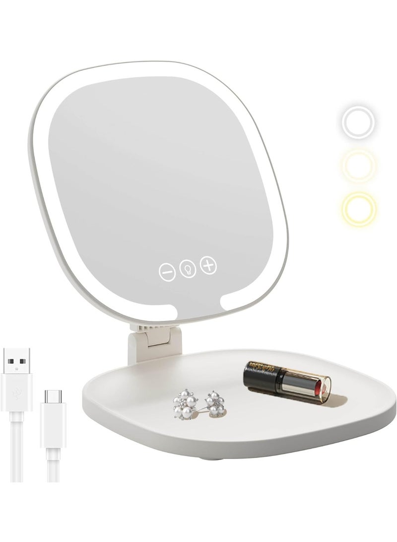 Rechargeable LED Travel Makeup Mirror, 3-Color Lighting, Dimmable Touch Screen, Multi Angle Adjustable, Foldable and Portable Desktop Vanity Mirror with Storage Tray (White) - Image 1