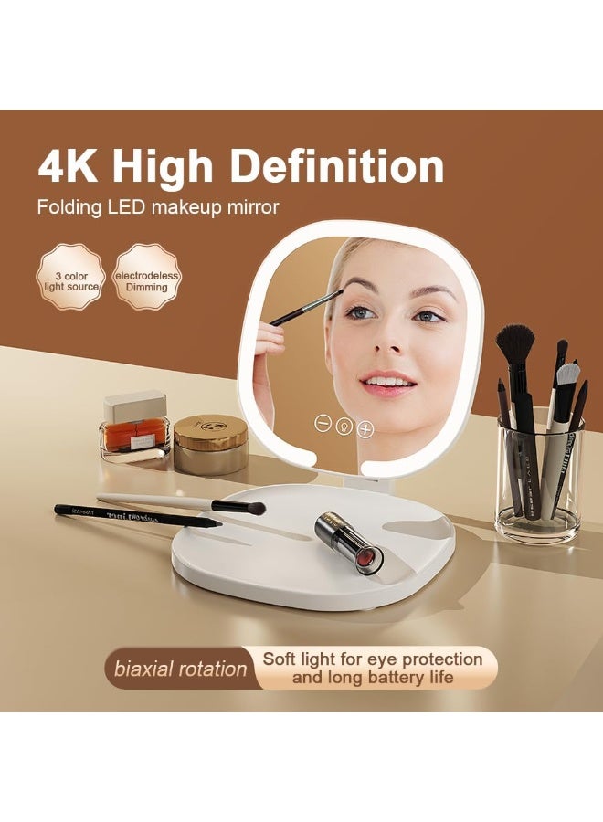 Rechargeable LED Travel Makeup Mirror, 3-Color Lighting, Dimmable Touch Screen, Multi Angle Adjustable, Foldable and Portable Desktop Vanity Mirror with Storage Tray (White) - Image 3