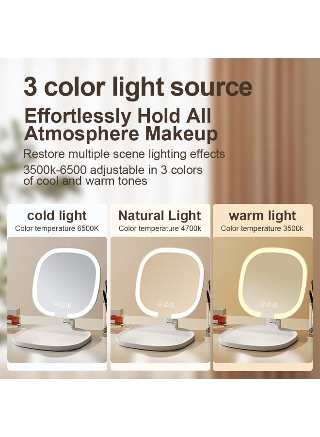 Rechargeable LED Travel Makeup Mirror, 3-Color Lighting, Dimmable Touch Screen, Multi Angle Adjustable, Foldable and Portable Desktop Vanity Mirror with Storage Tray (White) - Image 4