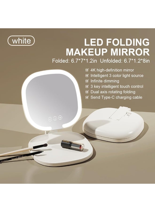 Rechargeable LED Travel Makeup Mirror, 3-Color Lighting, Dimmable Touch Screen, Multi Angle Adjustable, Foldable and Portable Desktop Vanity Mirror with Storage Tray (White) - Image 2