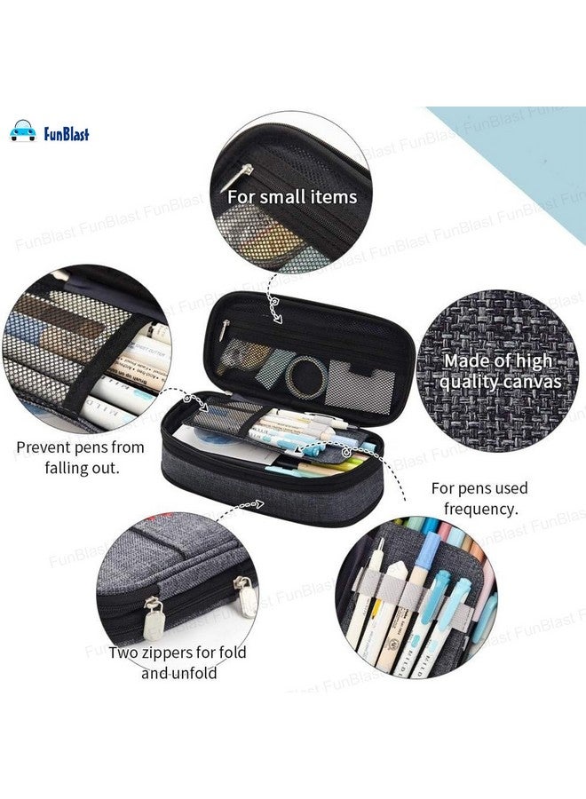 FunBlast Large Capacity Pencil Case, Multiple Compartment Double Zipper Portable Pencil Pouch, Aesthetic Pouch, Kawaii Pencil Case, Cute Pouches for Girls, Stationary Organizer Bag (Dark Grey) - Image 4