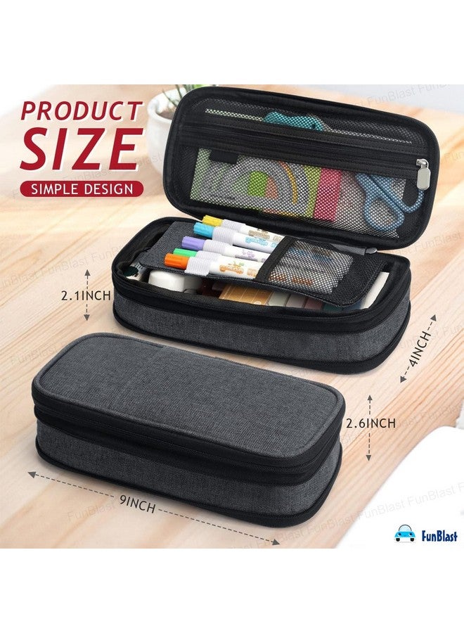 FunBlast Large Capacity Pencil Case, Multiple Compartment Double Zipper Portable Pencil Pouch, Aesthetic Pouch, Kawaii Pencil Case, Cute Pouches for Girls, Stationary Organizer Bag (Dark Grey) - Image 2