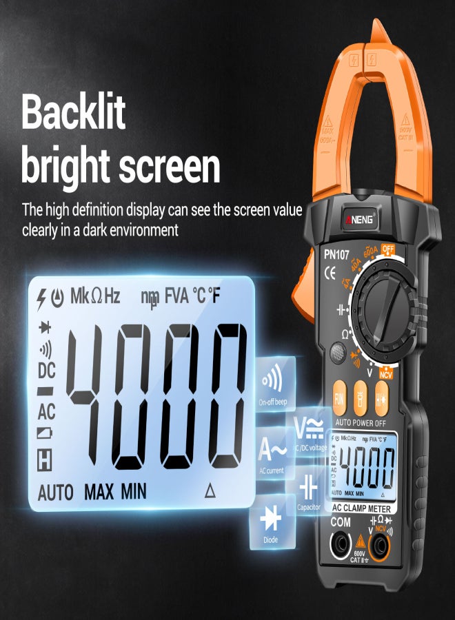 ANENG PN107 Digital Clamp Meter CAT II 600V AC Voltage Multimeter Tester 4000 Counts Amp Voltage Tester Measures AC/DC Current AC Voltage Resistance Capacitor Diodes Electrican Tools Non-Contact - Image 5