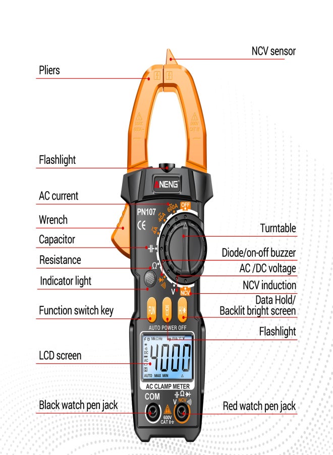 ANENG PN107 Digital Clamp Meter CAT II 600V AC Voltage Multimeter Tester 4000 Counts Amp Voltage Tester Measures AC/DC Current AC Voltage Resistance Capacitor Diodes Electrican Tools Non-Contact - Image 3