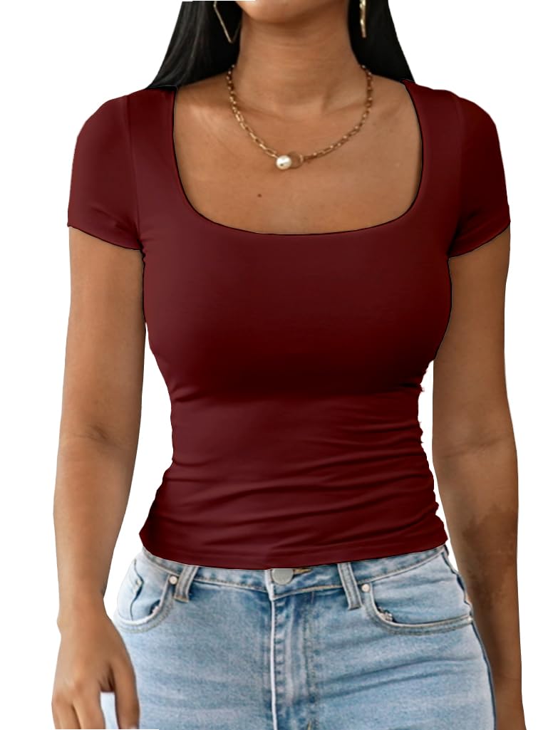 Dwnval Womens Summer Sexy Square Neck Tops Double Lined Short Sleeve Shirts Slim Fit Crop Top(Burgundy, S) - Image 1