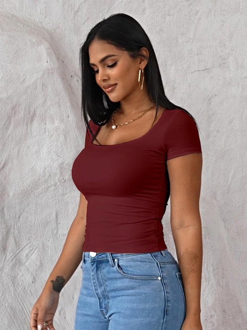 Dwnval Womens Summer Sexy Square Neck Tops Double Lined Short Sleeve Shirts Slim Fit Crop Top(Burgundy, S) - Image 3