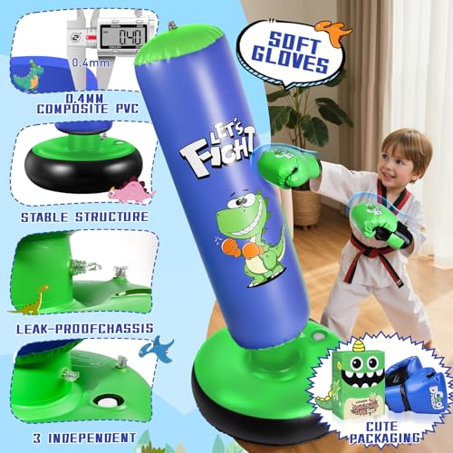 Esnowlee Inflatable Punching Bag 48 Inflatable Boxing Bag for Kids with Boxing Gloves for 38 Kids Stable Boxing Set for Practicing Karate TaekwondoDinosaur Toy Gifts for Boys Blue - Image 3