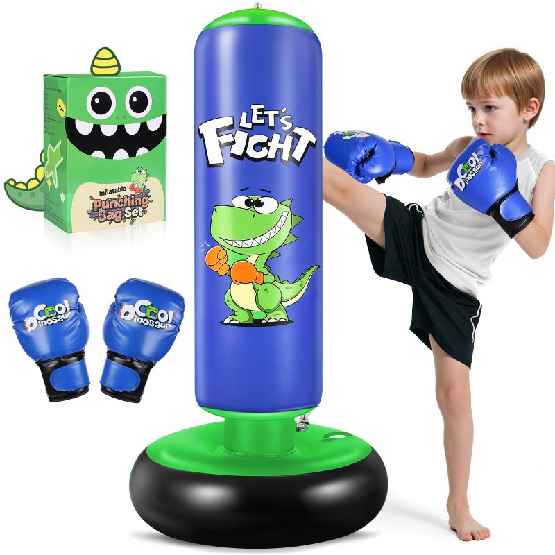 Esnowlee Inflatable Punching Bag 48 Inflatable Boxing Bag for Kids with Boxing Gloves for 38 Kids Stable Boxing Set for Practicing Karate TaekwondoDinosaur Toy Gifts for Boys Blue - Image 2