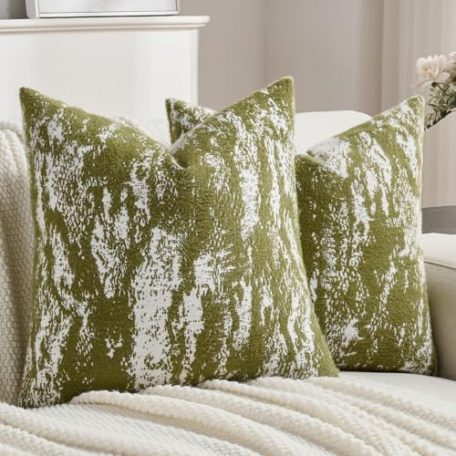 FUTEI Pack of 2 Faux Mink Fur Throw Pillow Covers 18x18 Inch Soft Fleece Ink Painting Pattern Vintage Decorative Cushion Case Modern Farmhouse Accent for Couch Bed Living Room Green - Image 1