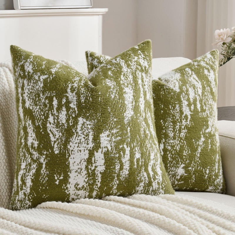 FUTEI Pack of 2 Faux Mink Fur Throw Pillow Covers 18x18 Inch Soft Fleece Ink Painting Pattern Vintage Decorative Cushion Case Modern Farmhouse Accent for Couch Bed Living Room Green - Image 2