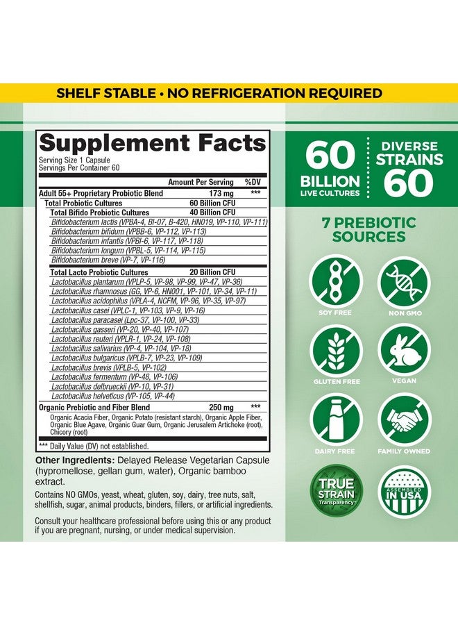 Vital Planet - Vital Flora Adults Over 55 Daily Probiotic 60 Billion CFU, Diverse Strains, Organic Prebiotics, Immune and Digestive Health Shelf Stable Probiotics for Women and Men, 60 Capsules - Image 2