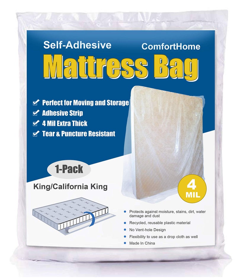 ComfortHome 4 Mil Extra Thick Sealable Mattress Bag with Adhesive Strip for Moving and Storage Heavy Duty Fits King and Cal King 1Pack