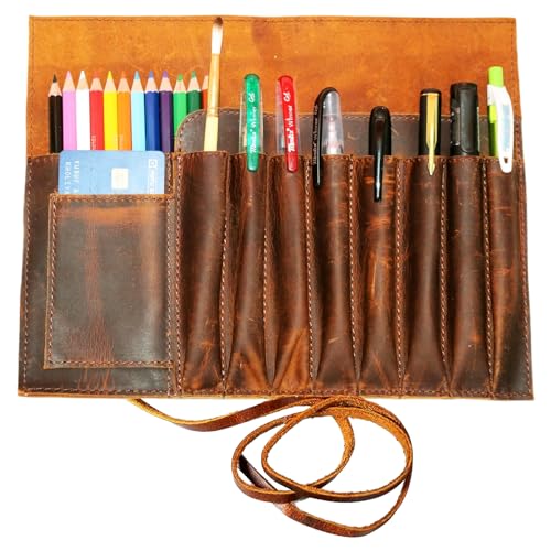 Jaald Genuine Leather Pencil Roll Brush Case Pen Holder Organizer Brushes Ruler Stationary Pouch Gift for Students Artist Painter Writer String Closure Vintage - Image 3