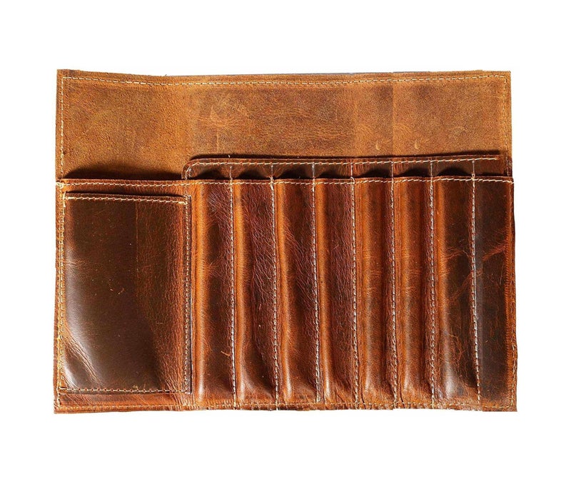 Jaald Genuine Leather Pencil Roll Brush Case Pen Holder Organizer Brushes Ruler Stationary Pouch Gift for Students Artist Painter Writer String Closure Vintage - Image 2