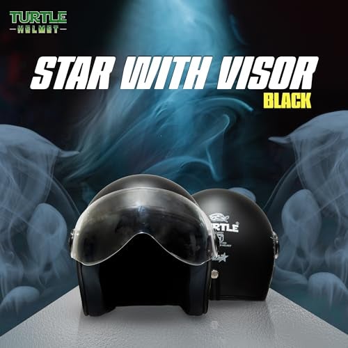 Turtle Helmet Star with Visor Half Face with Scratch Resistive Clear Visor & Hard Shell ABS Plastic Helmet, Black, Medium Size, (M-58 cm) - Image 2