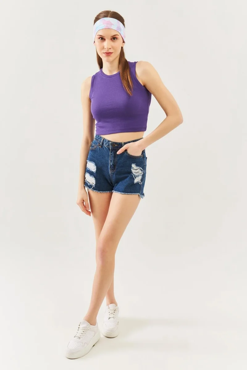 بوتيكجيز Mor Sıfır Kol Bisiklet Yaka Vücuda Oturan %100 Pamuklu Kaşkorse Esnek Crop Bluz