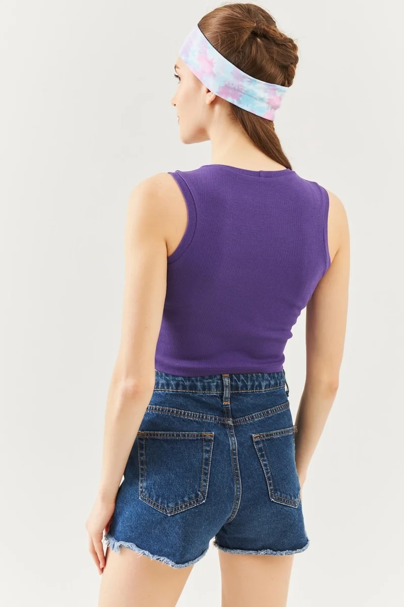 بوتيكجيز Mor Sıfır Kol Bisiklet Yaka Vücuda Oturan %100 Pamuklu Kaşkorse Esnek Crop Bluz