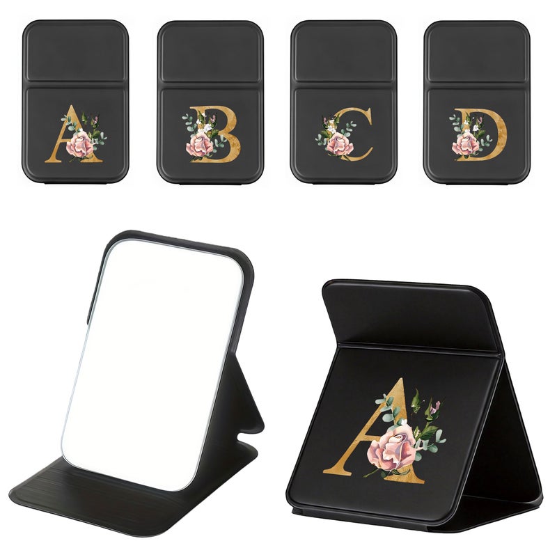 A Z Letter Print Foldable Makeup Mirror With PU Faux Leather Case White Portable Desktop Vanity Mirror Adjustable Standing Handheld Cosmetic Mirror For Home Office Use Polished Glass Surface - Image 1