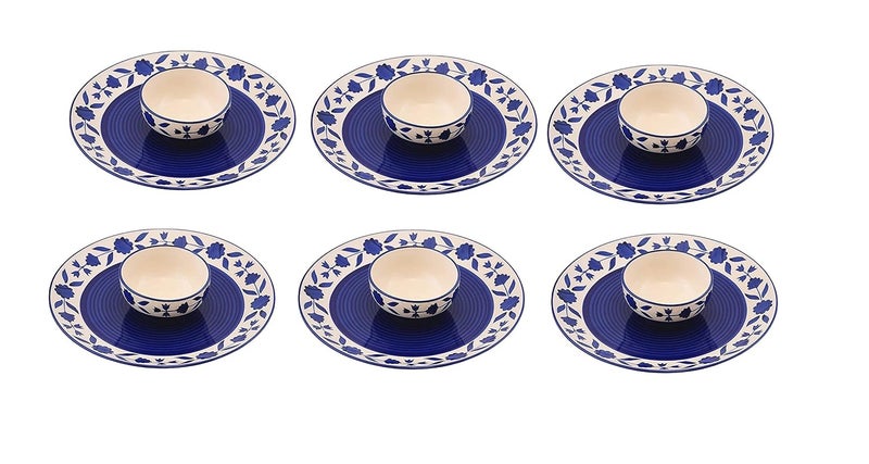 Phezent Dinner Set Ceramic Plates for Dinner with Katori Bowls 12 Pieces 6 Dinner Plates 6 Katori Bowl Dishwasher Microwave Safe Ceramic Blue Floral Dinner Set Plates and Bowls Set Dinnerware Sets - Image 1