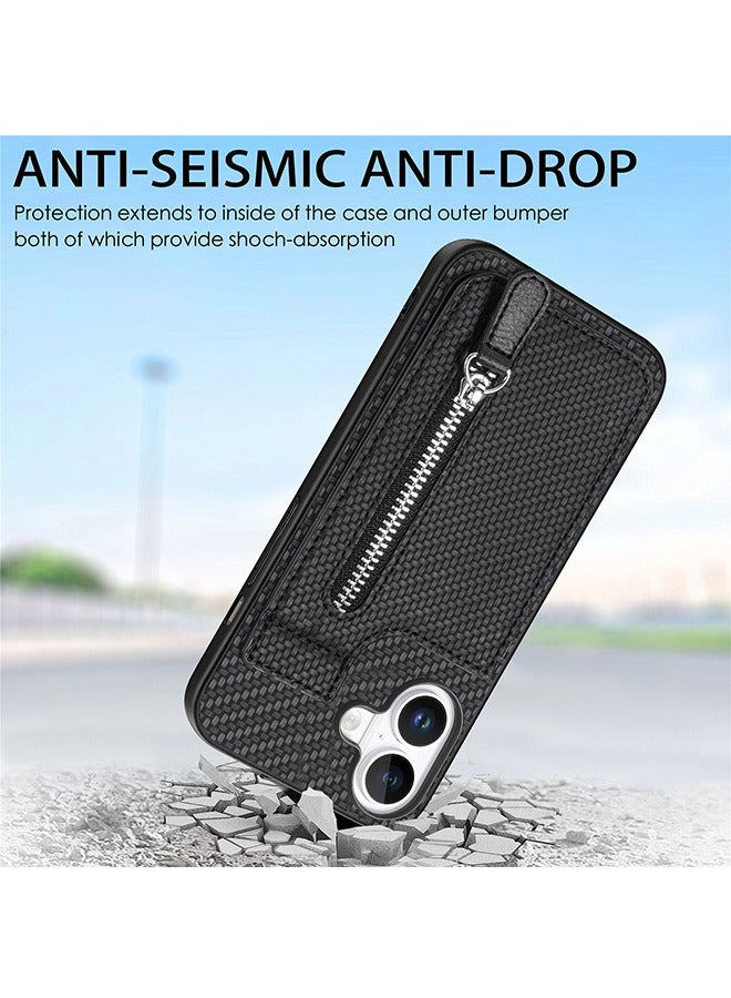 for iPhone 16 Case with Card Holder, for iPhone 16 Phone Case Wallet with Credit Card with Kickstand Zipper Shockproof Slim Stand Case, Black - Image 5