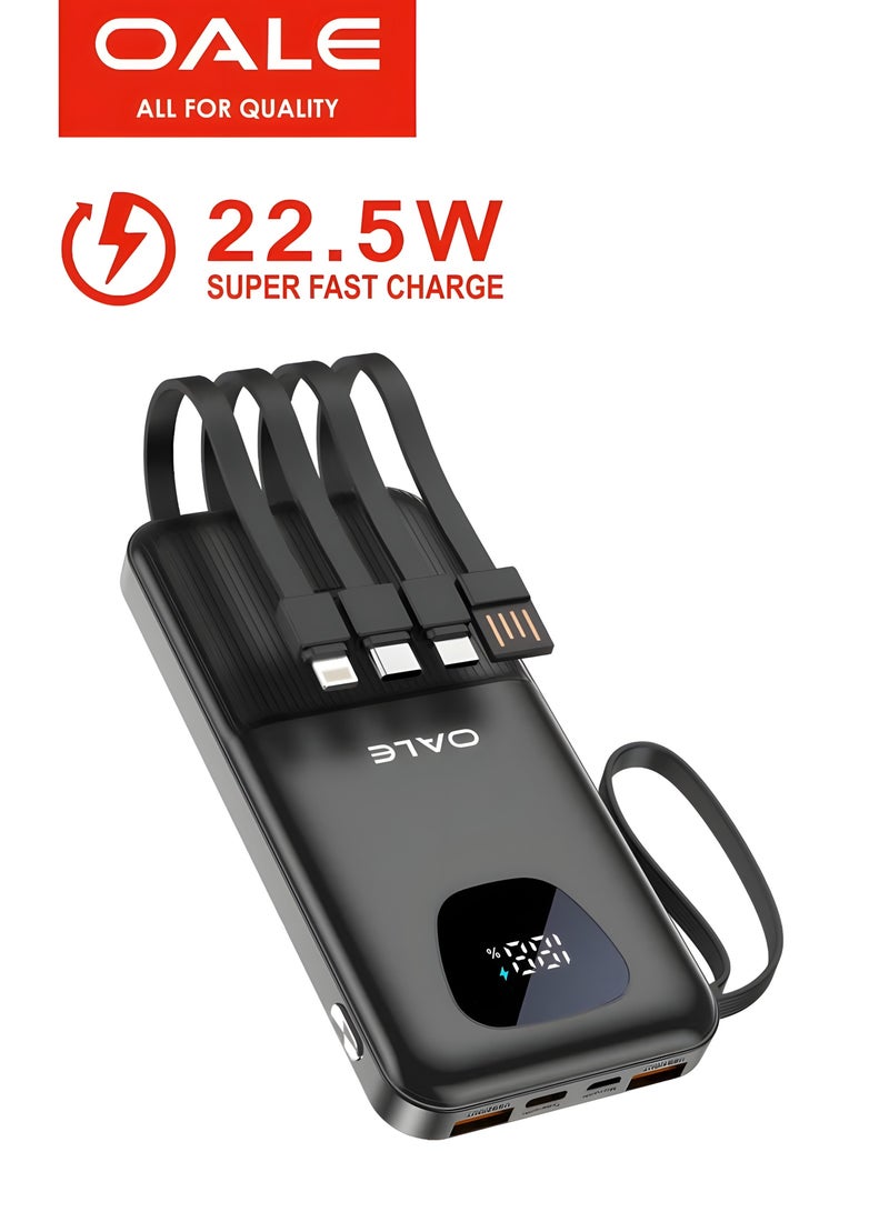 OALE 10000mAh Slim Power Bank with 4 Built-in Cables – 22.5W Fast Charging, LED Display, Type-C & Micro USB Input, Dual USB Output, Lightweight Portable Charger - Image 1