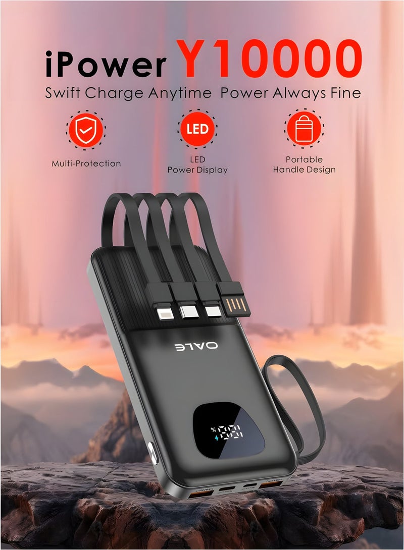 OALE 10000mAh Slim Power Bank with 4 Built-in Cables – 22.5W Fast Charging, LED Display, Type-C & Micro USB Input, Dual USB Output, Lightweight Portable Charger - Image 2