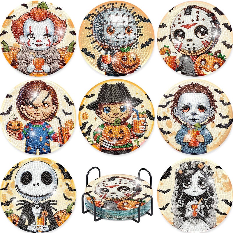 MBNTJHT 8 Pcs Halloween Diamond Painting Coasters Kits with Holder,DIY Horror Cute Diamond Art Coasters for Adults Beginnners,5D Full Round Drill Gem Painting Craft Art Kits for Supplies Gift 4X4 Inch. - Image 1