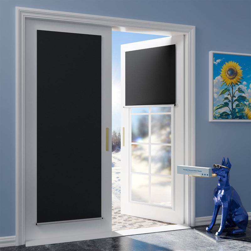 G-WACK Blackout Door Curtains, No-Drill Blinds for Indoor Windows & Doors with Magnetic Snaps, Heat-Insulated Privacy Door Shades, 100% Blackout Roller Shades Window Cover (20" x 84",Black) - Image 1