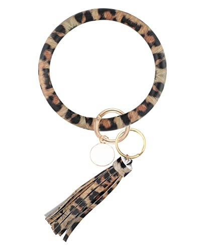 Weixiltc Large Keychain Bracelet with Tassel, Circle Leather Wristlet Key Ring for Women, Bangle Key Chains Holder for Girls (Leopard Print) - Image 1