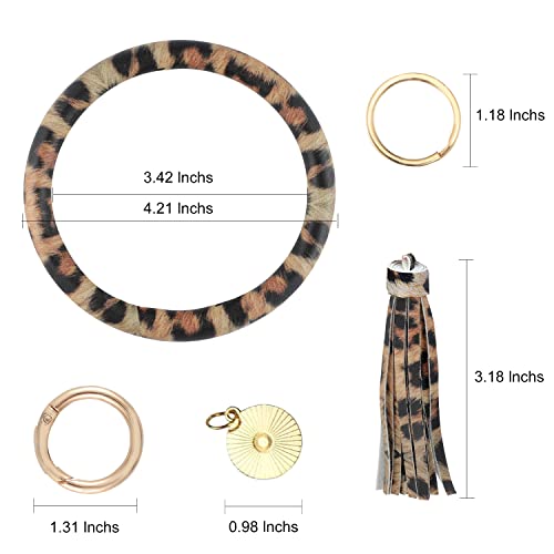 Weixiltc Large Keychain Bracelet with Tassel, Circle Leather Wristlet Key Ring for Women, Bangle Key Chains Holder for Girls (Leopard Print) - Image 2
